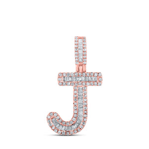 10kt Rose Gold Mens Baguette Diamond J Initial Letter Pendant 3/8 Cttw