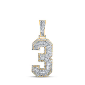 10kt Two-tone Gold Mens Baguette Diamond Number 3 Charm Pendant 1-1/2 Cttw