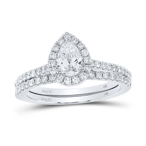 14kt White Gold Pear Diamond Halo Bridal Wedding Ring Band Set 1 Cttw