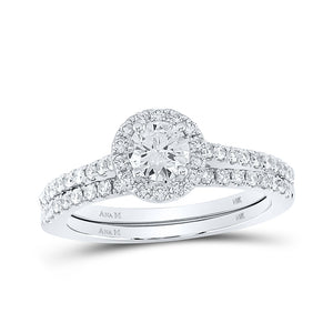 14kt White Gold Round Diamond Halo Bridal Wedding Ring Band Set 1 Cttw