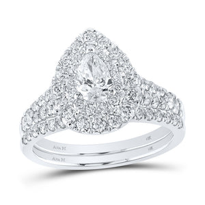 14kt White Gold Pear Diamond Halo Bridal Wedding Ring Band Set 1-1/2 Cttw