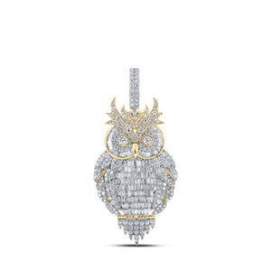 10kt Yellow Gold Mens Baguette Diamond Owl Bird Charm Pendant 3-7/8 Cttw