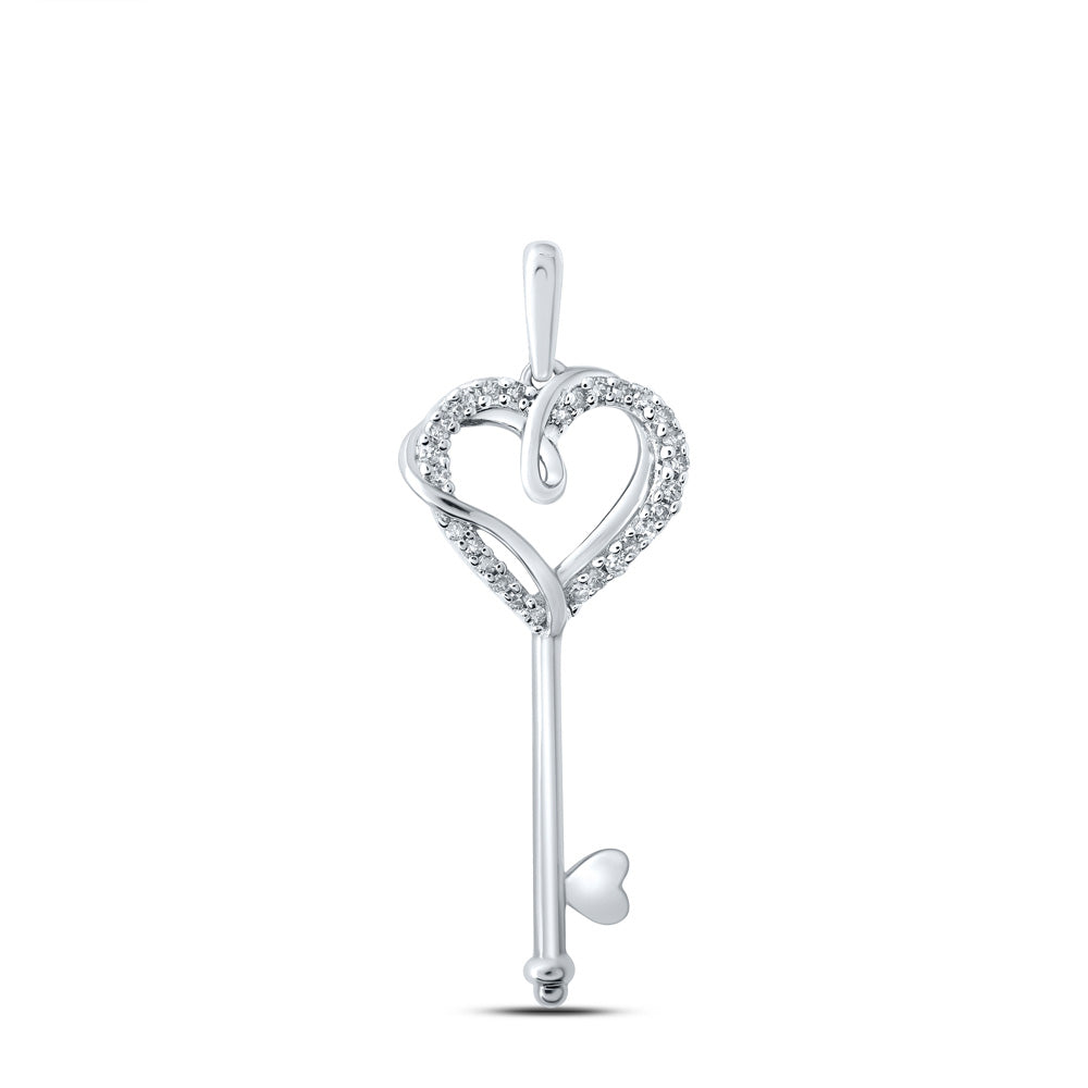 10kt White Gold Womens Round Diamond Heart Key Pendant 1/12 Cttw