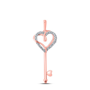 10kt Rose Gold Womens Round Diamond Heart Key Pendant 1/12 Cttw