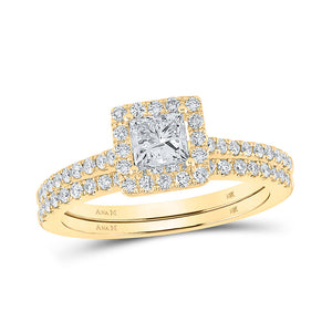 14kt Yellow Gold Princess Diamond Square Halo Bridal Wedding Ring Band Set 1-1/4 Cttw