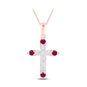 10kt Rose Gold Womens Round Ruby Diamond Cross Pendant 1/4 Cttw