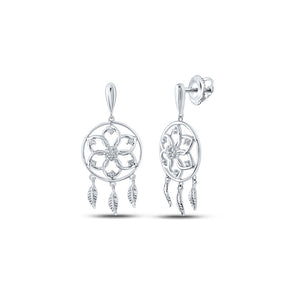 10kt White Gold Womens Round Diamond Dream Catcher Dangle Earrings 1/10 Cttw