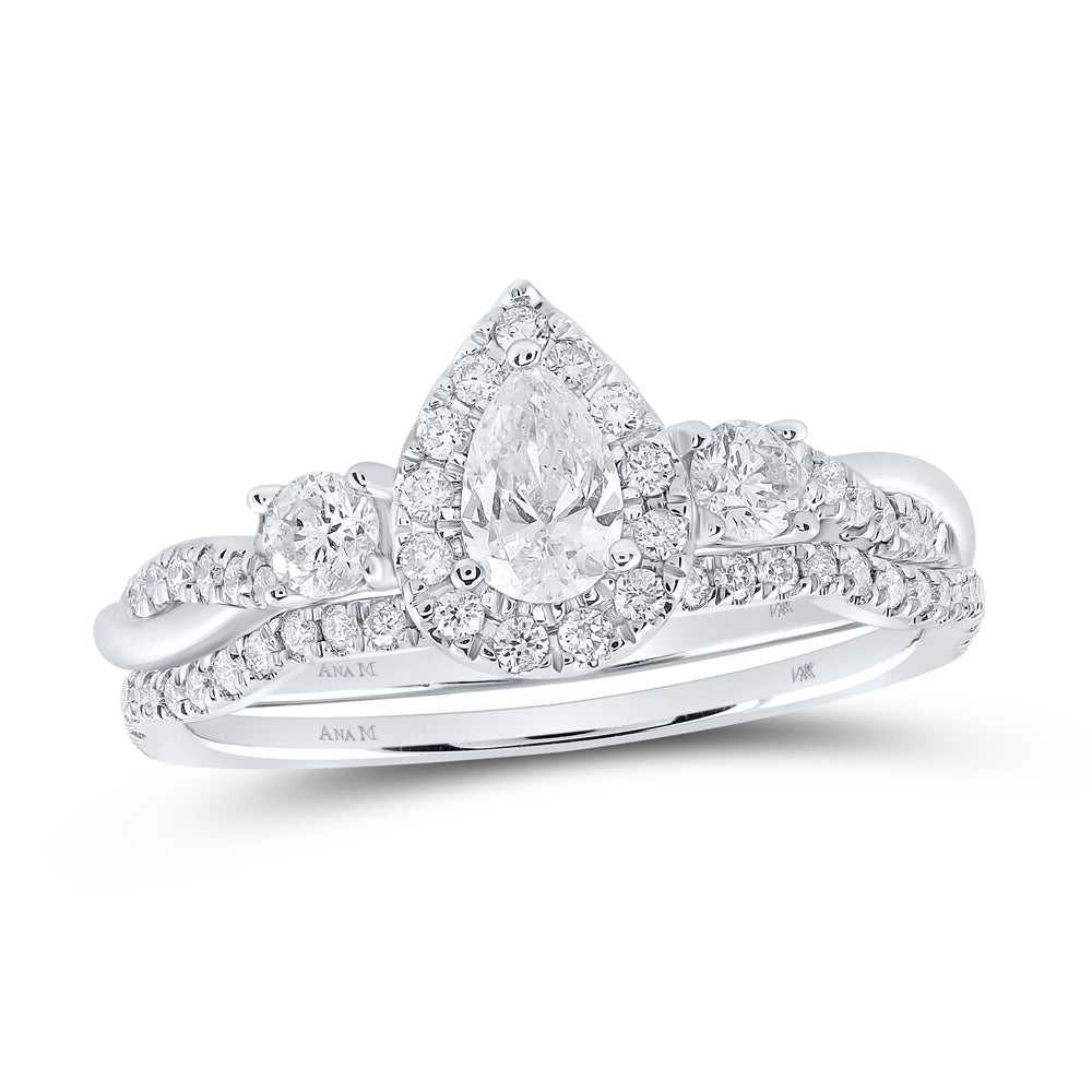 14kt White Gold Pear Diamond Halo Bridal Wedding Ring Band Set 3/4 Cttw