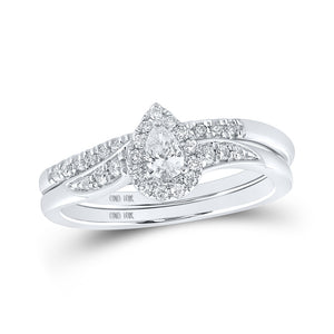 10kt White Gold Pear Diamond Halo Bridal Wedding Ring Band Set 1/3 Cttw