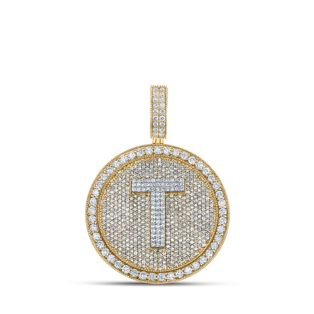 10kt Two-tone Gold Mens Round Diamond T Letter Circle Charm Pendant 3-7/8 Cttw