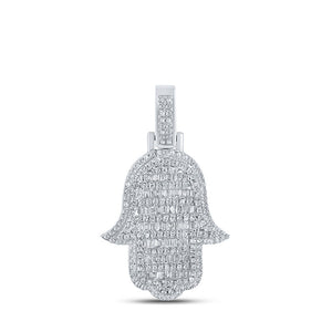 10kt White Gold Mens Baguette Diamond Hamsa Charm Pendant 7/8 Cttw