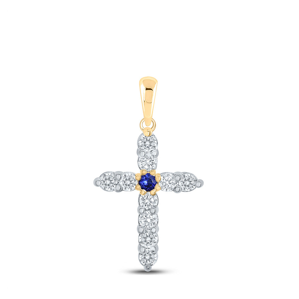 10kt Yellow Gold Womens Round Blue Sapphire Diamond Cross Pendant 1/2 Cttw