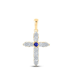 10kt Yellow Gold Womens Round Blue Sapphire Diamond Cross Pendant 1/5 Cttw