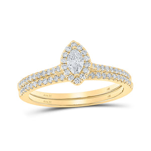 14kt Yellow Gold Marquise Diamond Halo Bridal Wedding Ring Band Set 1/2 Cttw