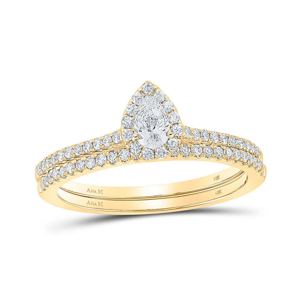 14kt Yellow Gold Pear Diamond Halo Bridal Wedding Ring Band Set 1/2 Cttw