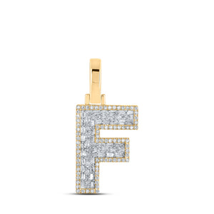 10kt Yellow Gold Mens Baguette Diamond F Initial Letter Charm Pendant 3/8 Cttw