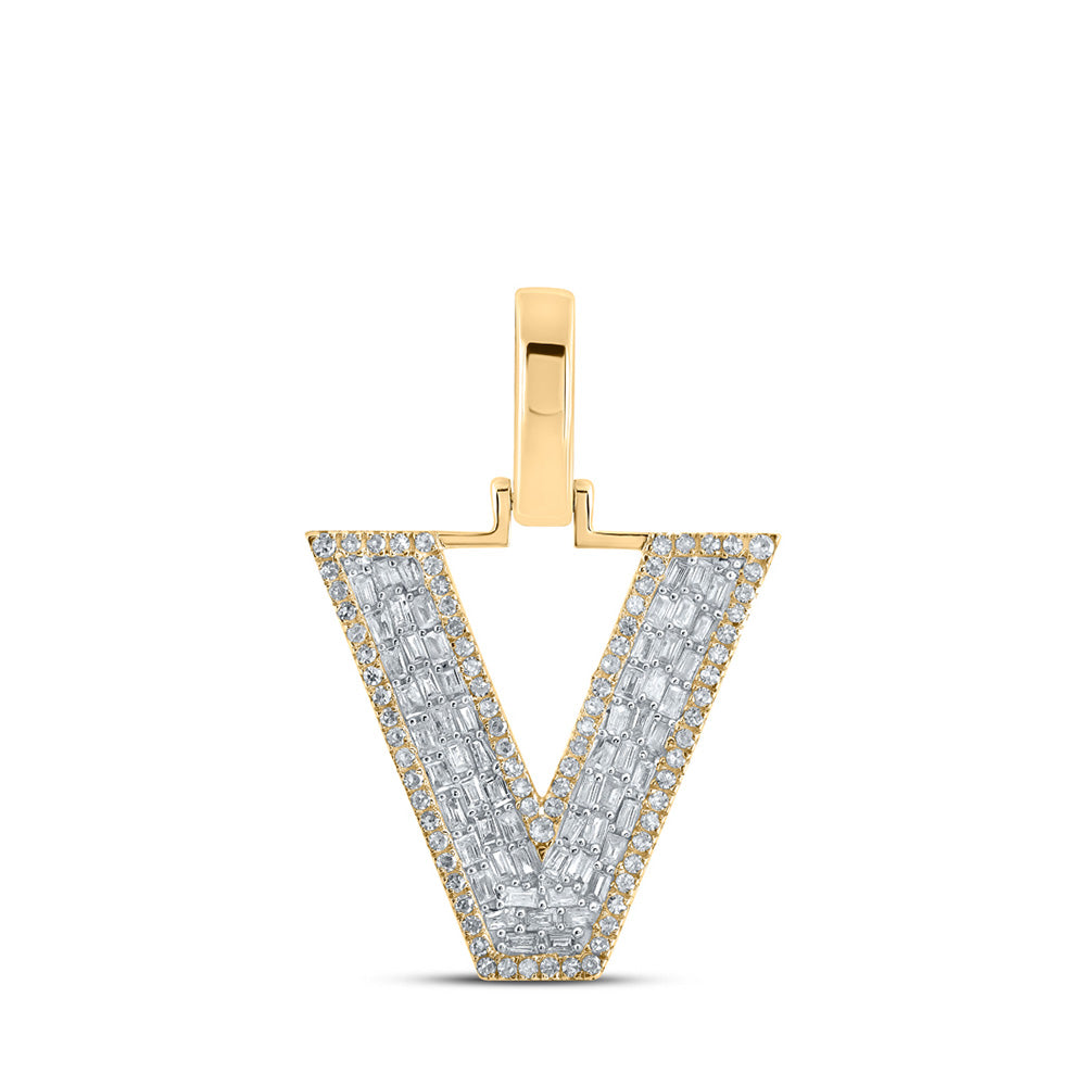 10kt Yellow Gold Mens Baguette Diamond V Initial Letter Charm Pendant 1/2 Cttw