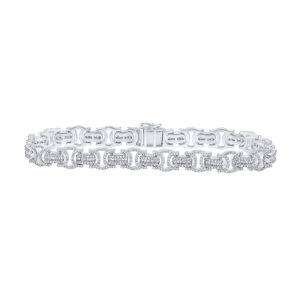 10kt White Gold Mens Baguette Diamond Byzantine Link Bracelet 3-3/4 Cttw