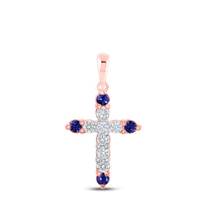 10kt Rose Gold Womens Round Blue Sapphire Diamond Cross Pendant 1/4 Cttw