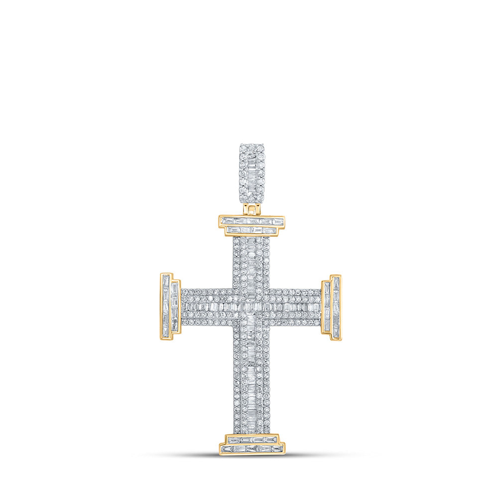 10kt Yellow Gold Mens Baguette Diamond Cross Charm Pendant 1-3/4 Cttw