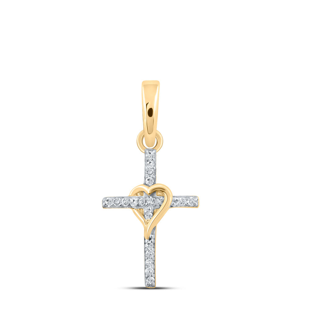 10kt Yellow Gold Womens Round Diamond Heart Cross Pendant 1/20 Cttw