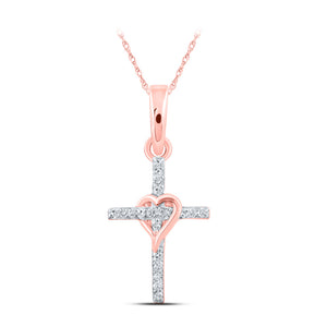 10kt Rose Gold Womens Round Diamond Heart Cross Pendant 1/20 Cttw