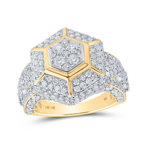 10kt Yellow Gold Mens Round Diamond Hexagon Cluster Ring 3-5/8 Cttw