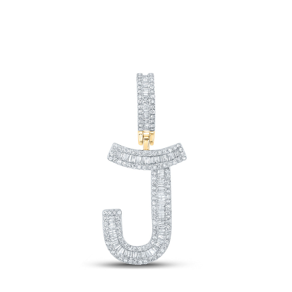 14kt Yellow Gold Mens Baguette Diamond J Initial Letter Charm Pendant 3/4 Cttw