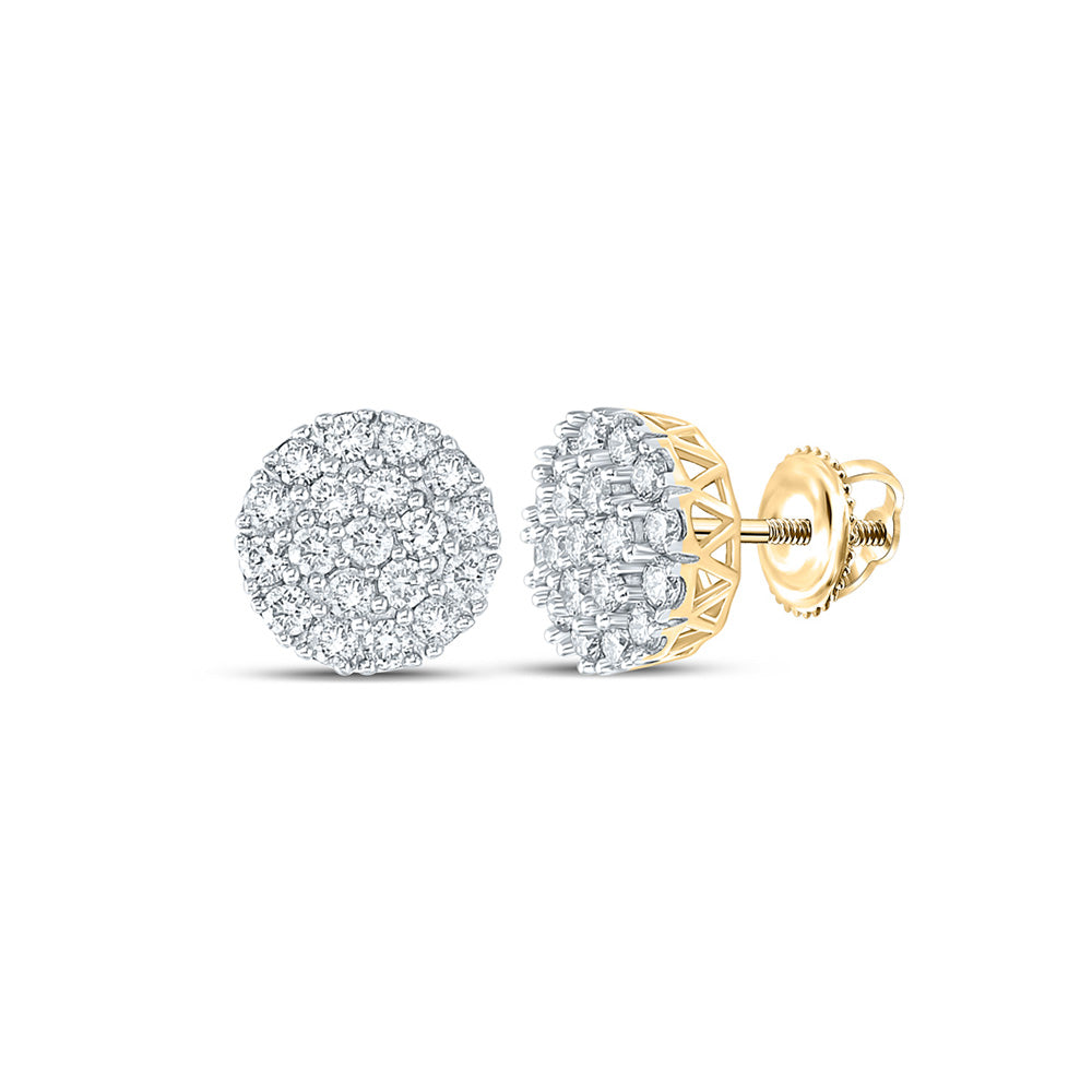 14kt Yellow Gold Mens Round Diamond Cluster Earrings 1 Cttw