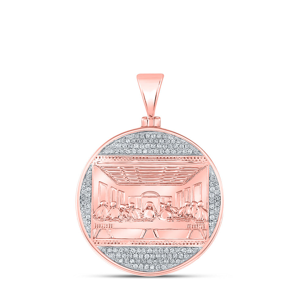 10kt Rose Gold Mens Round Diamond Last Supper Circle Charm Pendant 1/2 Cttw