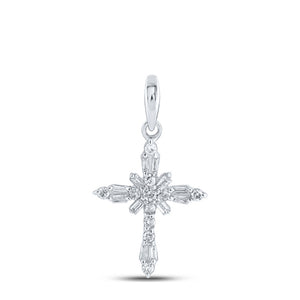 10kt White Gold Womens Baguette Diamond Cross Pendant 1/6 Cttw