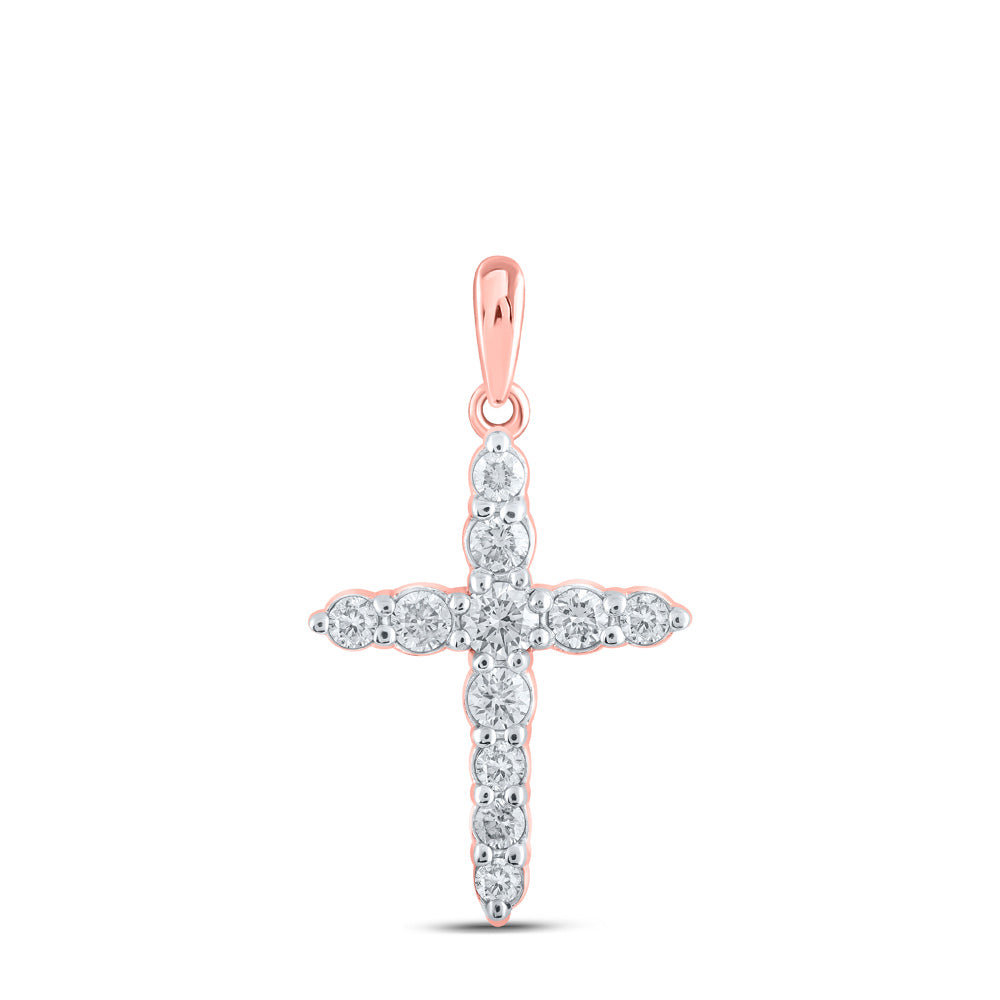 10kt Rose Gold Womens Round Diamond Cross Pendant 3/8 Cttw