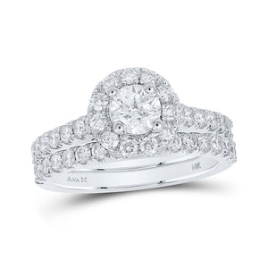 14kt White Gold Round Diamond Halo Bridal Wedding Ring Band Set 1-3/4 Cttw