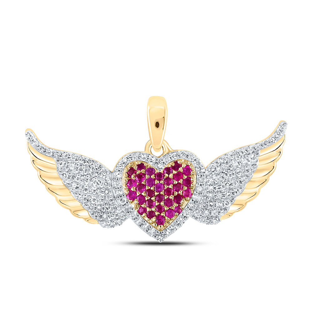 10kt Yellow Gold Womens Round Ruby Diamond Wing Heart Pendant 3/8 Cttw