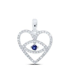 10kt White Gold Womens Round Blue Sapphire Diamond Eye Heart Pendant 1/3 Cttw