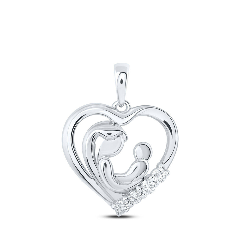 10kt White Gold Womens Round Diamond Mother Child Heart Pendant 1/5 Cttw