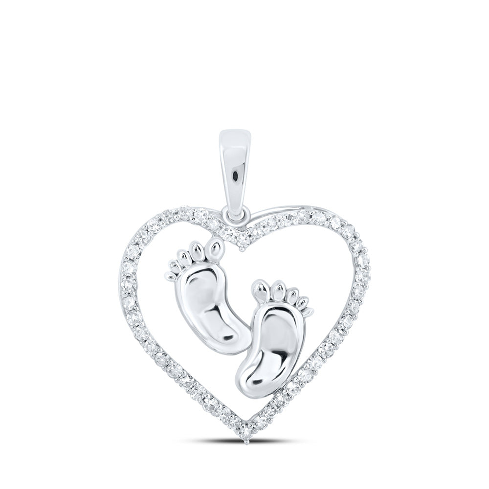 10kt White Gold Womens Round Diamond Footsteps Heart Pendant 1/3 Cttw