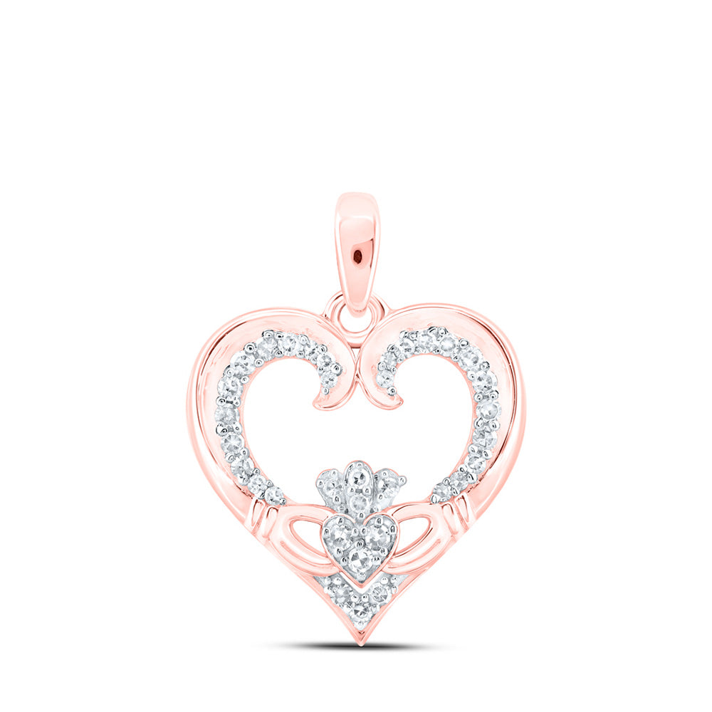 10kt Rose Gold Womens Round Diamond Claddagh Heart Pendant 1/6 Cttw