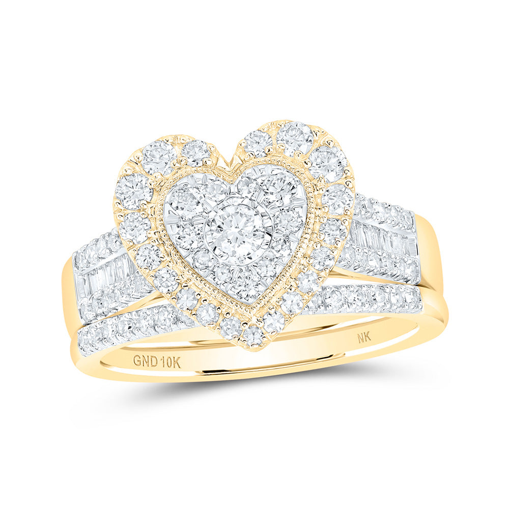 10kt Yellow Gold Round Diamond Heart Bridal Wedding Ring Band Set 7/8 Cttw