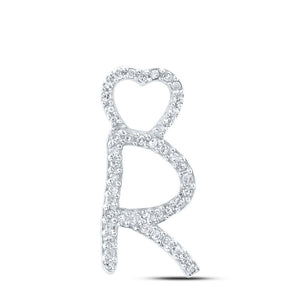 10kt White Gold Womens Round Diamond R Heart Letter Pendant 1/8 Cttw