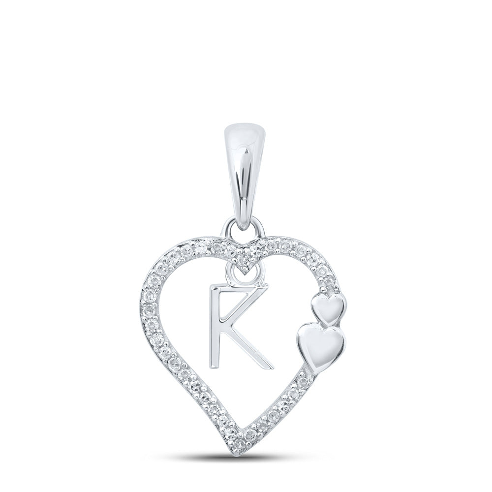 10kt White Gold Womens Round Diamond K Heart Letter Pendant 1/10 Cttw