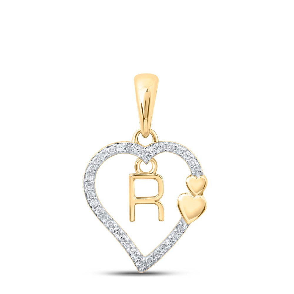 10kt Yellow Gold Womens Round Diamond R Heart Letter Pendant 1/10 Cttw