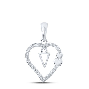 10kt White Gold Womens Round Diamond V Heart Letter Pendant 1/10 Cttw