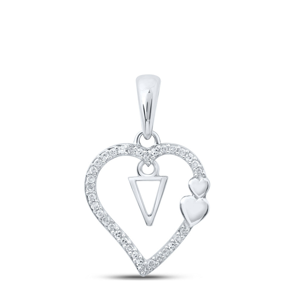 10kt White Gold Womens Round Diamond V Heart Letter Pendant 1/10 Cttw