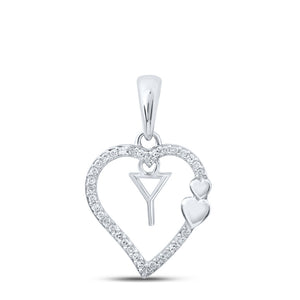 10kt White Gold Womens Round Diamond Y Heart Letter Pendant 1/10 Cttw