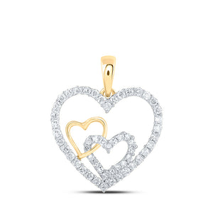 10kt Yellow Gold Womens Round Diamond Nested Heart Pendant 3/8 Cttw