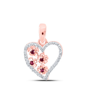 10kt Rose Gold Womens Round Ruby Diamond Heart Pendant 1/10 Cttw