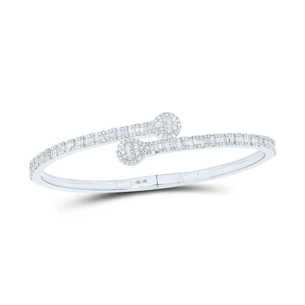 10kt White Gold Womens Baguette Diamond Pear Cuff Bangle Bracelet 1-5/8 Cttw