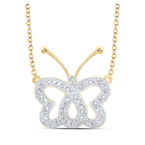 10kt Yellow Gold Womens Round Diamond Butterfly Necklace 1/4 Cttw