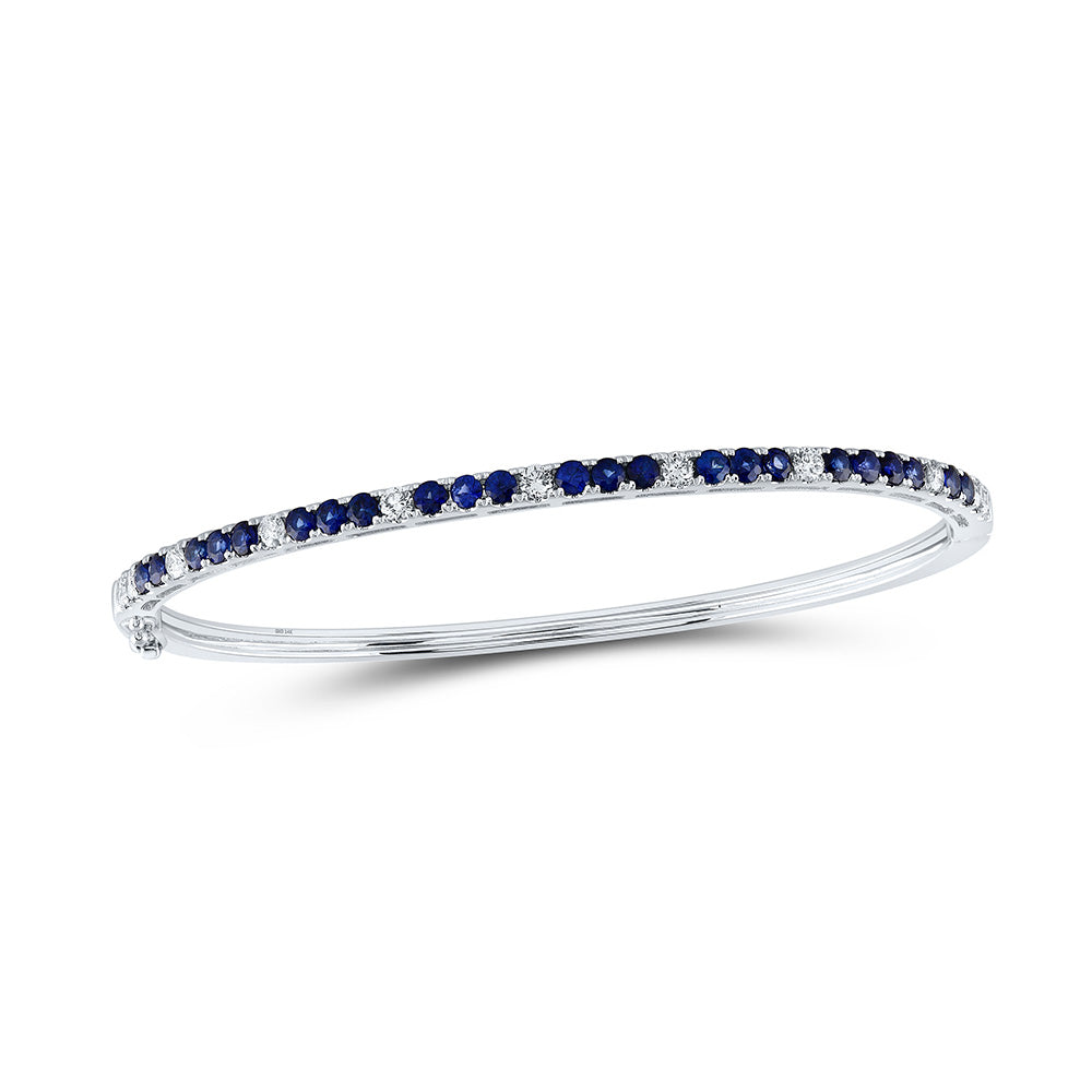 14kt White Gold Womens Round Blue Sapphire Diamond Bangle Bracelet 2-1/5 Cttw